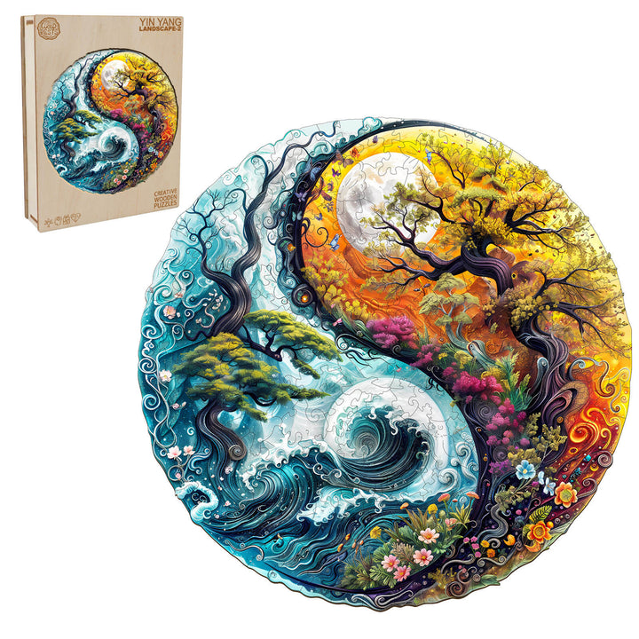 Yin yang Landscape-2 wooden jigsaw puzzle featuring vibrant landscapes and intricate designs, perfect for puzzle enthusiasts.