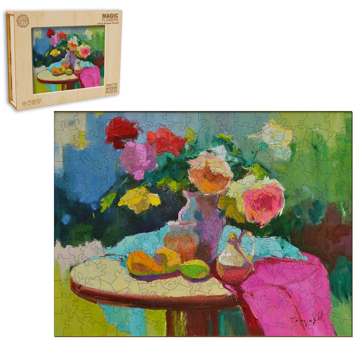 Colorful puzzle artwork featuring a flower arrangement by artist Alexander Shandor, showcasing vibrant colors and textures.
