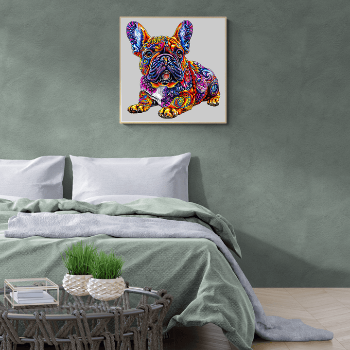Colorful French Bulldog artwork in a cozy bedroom, adding artistic flair to the decor.