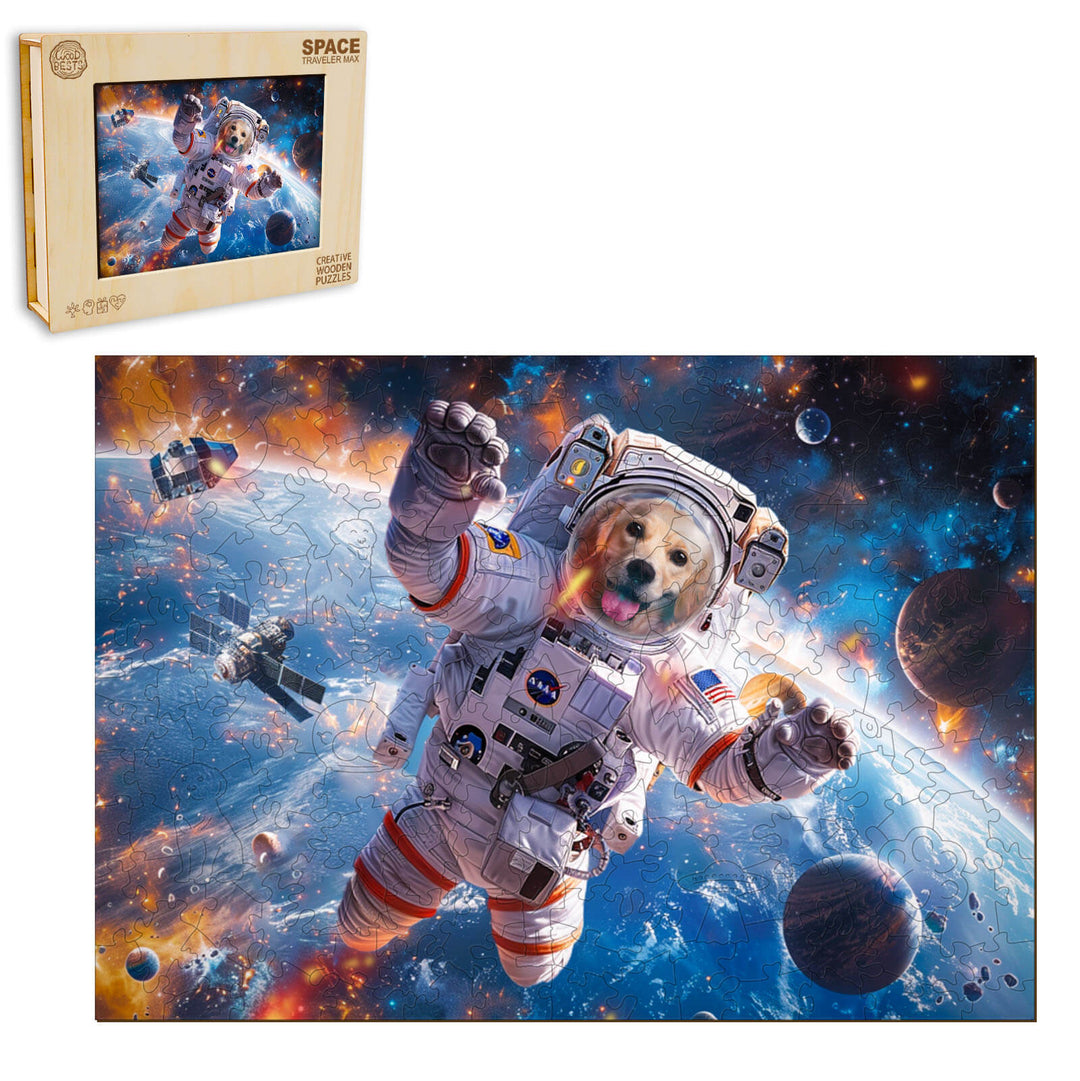 Space Traveler Max Wooden Jigsaw Puzzle featuring a dog in an astronaut suit in a vibrant cosmic scene.