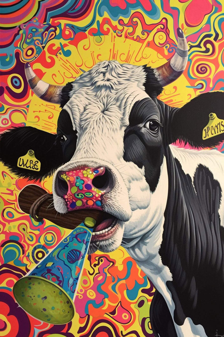 Colorful illustration of a happy cow with a party horn, embodying fun and creativity for the Crazy Cow puzzle.