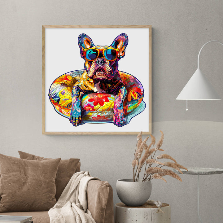 Colorful artwork of a French Bulldog in sunglasses on a floral float, creating a fun and vibrant home decor piece.