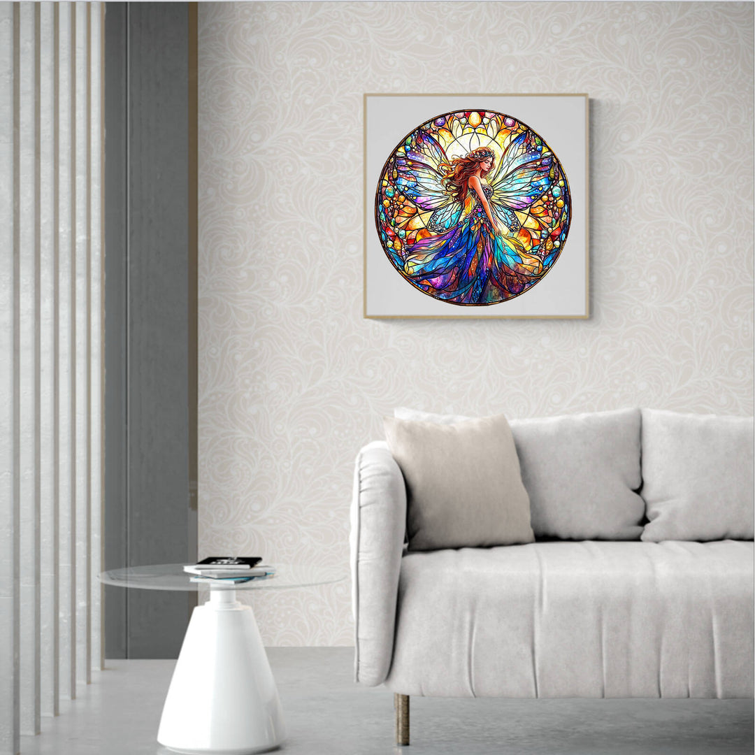 Colorful stained glass fairy artwork displayed in a modern living room, enhancing decor with vibrant colors.