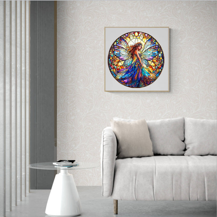 Colorful stained glass fairy artwork displayed in a modern living room, enhancing decor with vibrant colors.