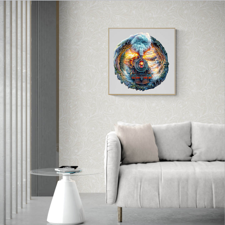 3D Steam Train artwork in a cozy living room, showcasing vibrant colors and intricate design.