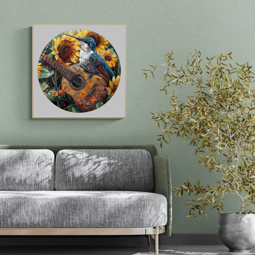 Colorful artwork of a bird on a guitar surrounded by sunflowers in a modern living room setting.