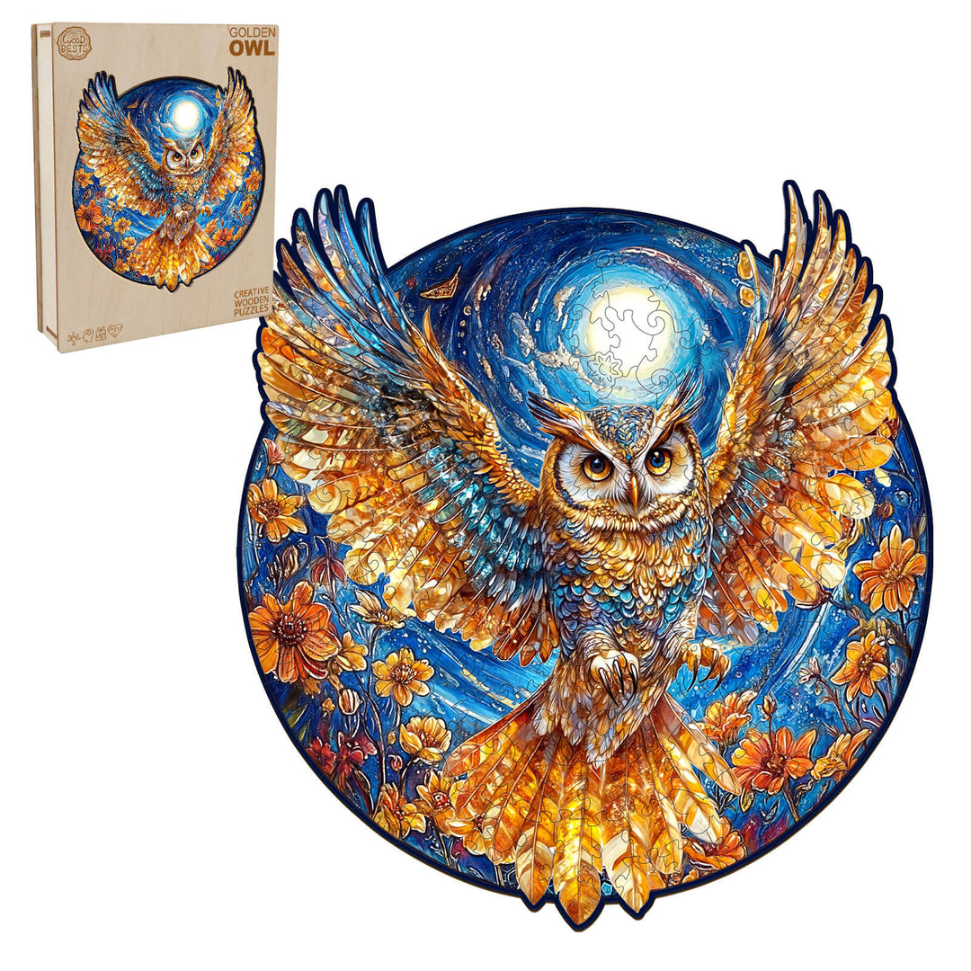 Colorful Golden Owl wooden jigsaw puzzle with vibrant flowers and moon, promoting focus and mental skill development.