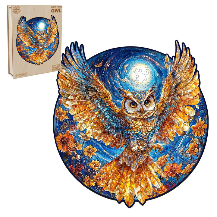 Colorful Golden Owl wooden jigsaw puzzle with vibrant flowers and moon, promoting focus and mental skill development.