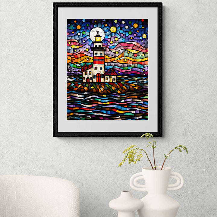 Colorful stained glass lighthouse artwork by Pietro Gallo, beautifully framed and displayed in a modern setting.