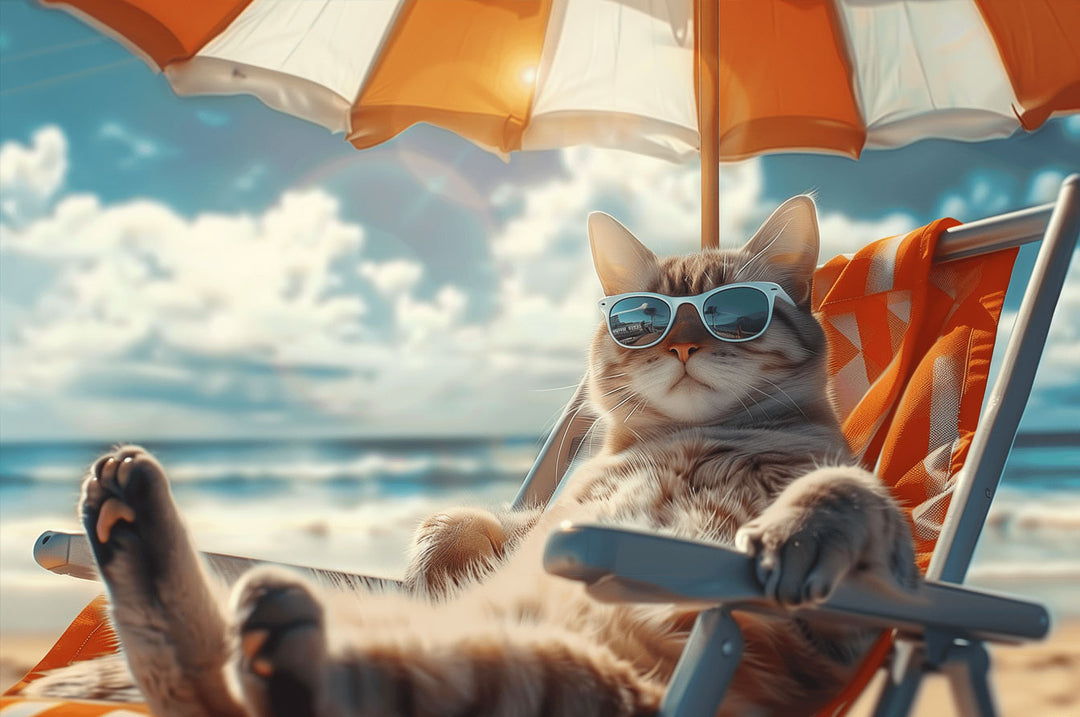 Charming cat lounging under an umbrella on the beach, wearing sunglasses and enjoying a sunny day.