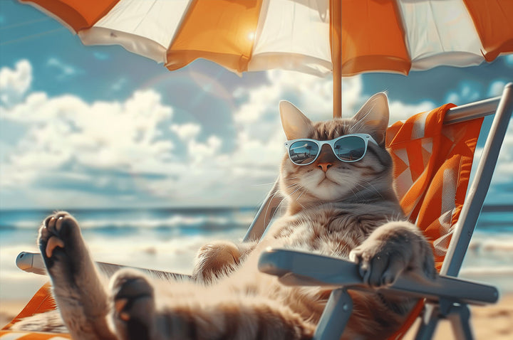 Charming cat lounging under an umbrella on the beach, wearing sunglasses and enjoying a sunny day.