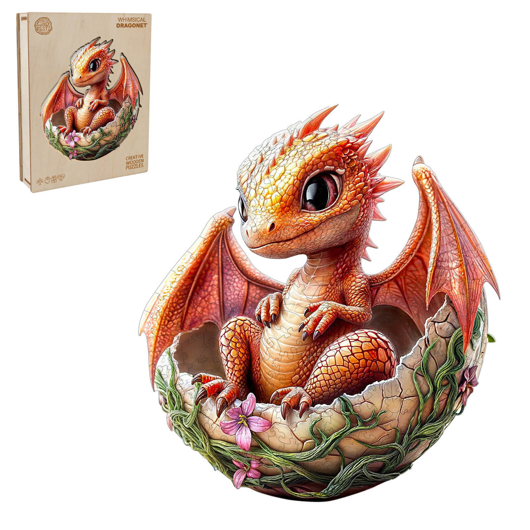 Whimsical Dragonet wooden jigsaw puzzle featuring a colorful dragon hatchling in an egg surrounded by flowers.