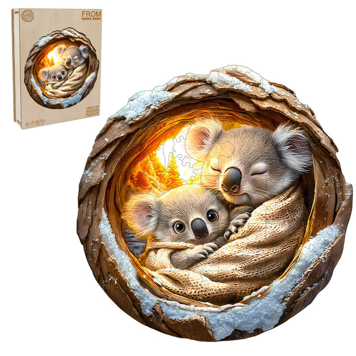 3D From Mom's arms wooden jigsaw puzzle featuring adorable koalas snuggling in a cozy setting, perfect for the puzzle enthusiast.