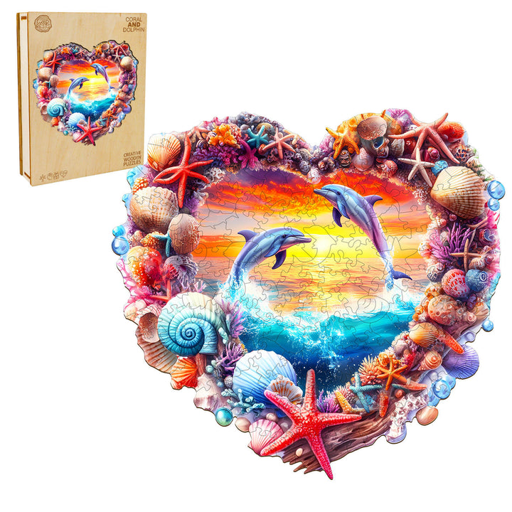 Heart-shaped Coral and Dolphin wooden jigsaw puzzle featuring vibrant ocean colors and sea life elements.