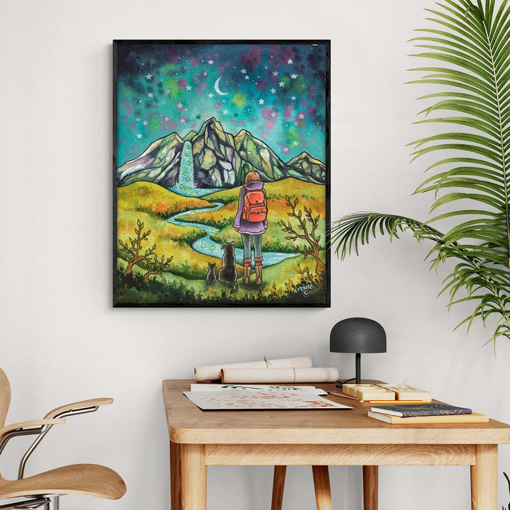 Mountains and Stars artwork by Kathryn Fedora, depicting a hiker in a vibrant landscape with mountains and a starry sky.