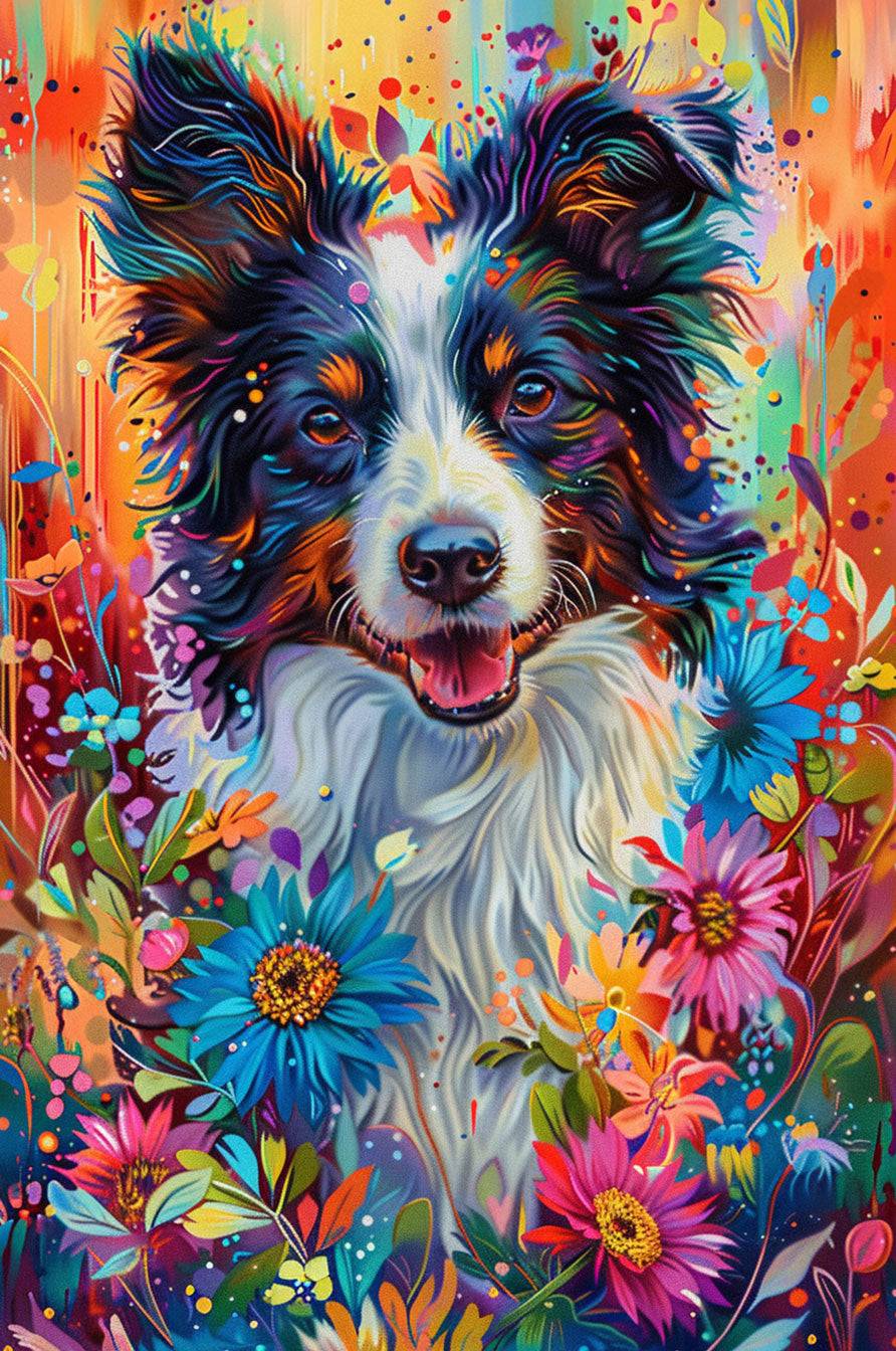 Colorful illustration of a happy Shepherd Dog surrounded by vibrant flowers and abstract background.