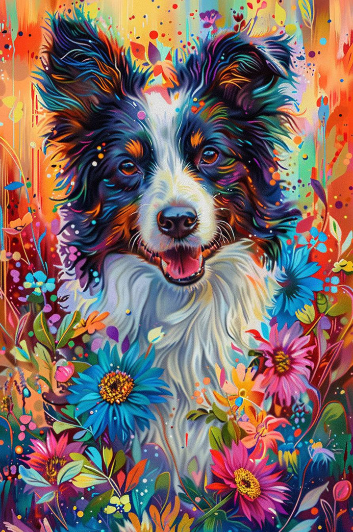Colorful illustration of a happy Shepherd Dog surrounded by vibrant flowers and abstract background.