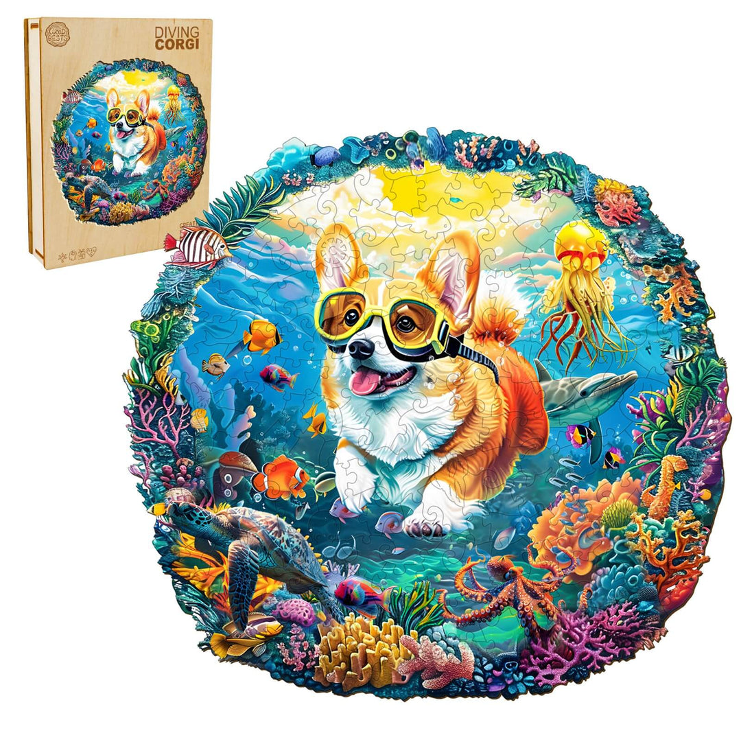 Colorful Diving Corgi wooden jigsaw puzzle, featuring a playful corgi underwater with marine life, enhances focus and fun.