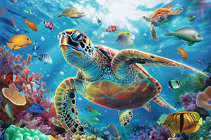 Colorful underwater scene featuring a turtle and tropical fish, perfect for the Underwater World 500/1000 piece puzzle.
