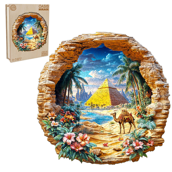 Oasis Mirage wooden jigsaw puzzle featuring a scenic desert oasis with pyramids, flowers, and a camel.