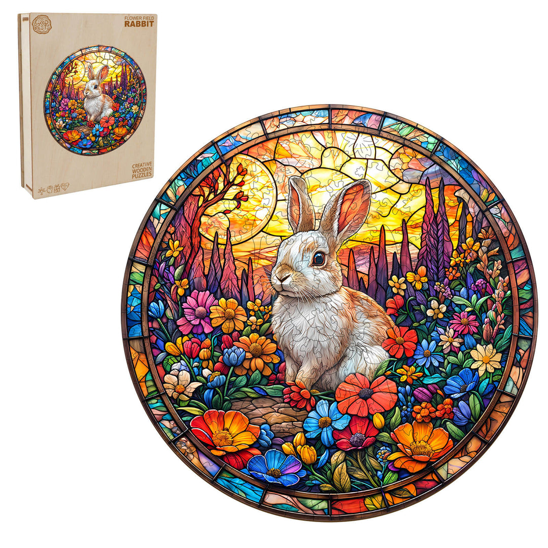Colorful Flower Field Rabbit wooden jigsaw puzzle with vibrant artwork, promoting focus and cognitive skills.
