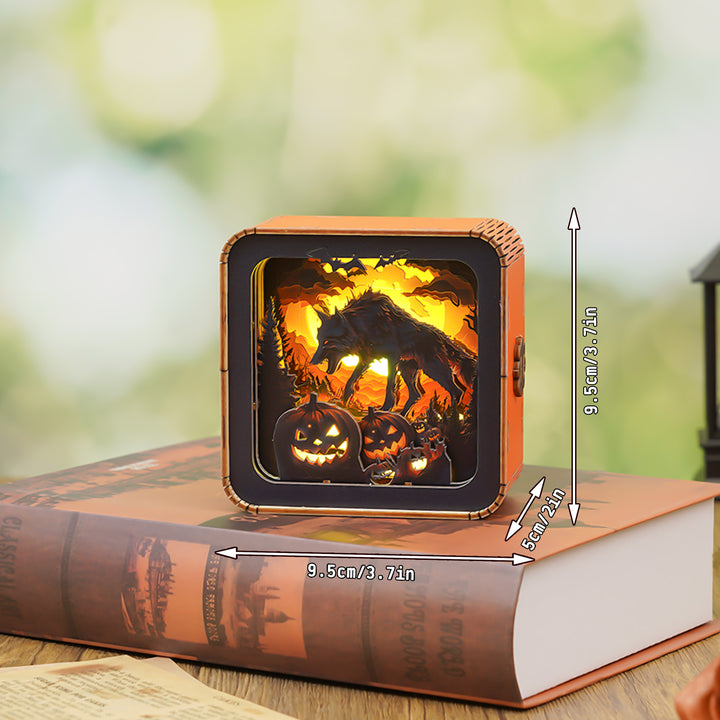 Halloween Wolf Kit 3D wooden puzzle night light featuring a glowing wolf and pumpkins, perfect for spooky decor.