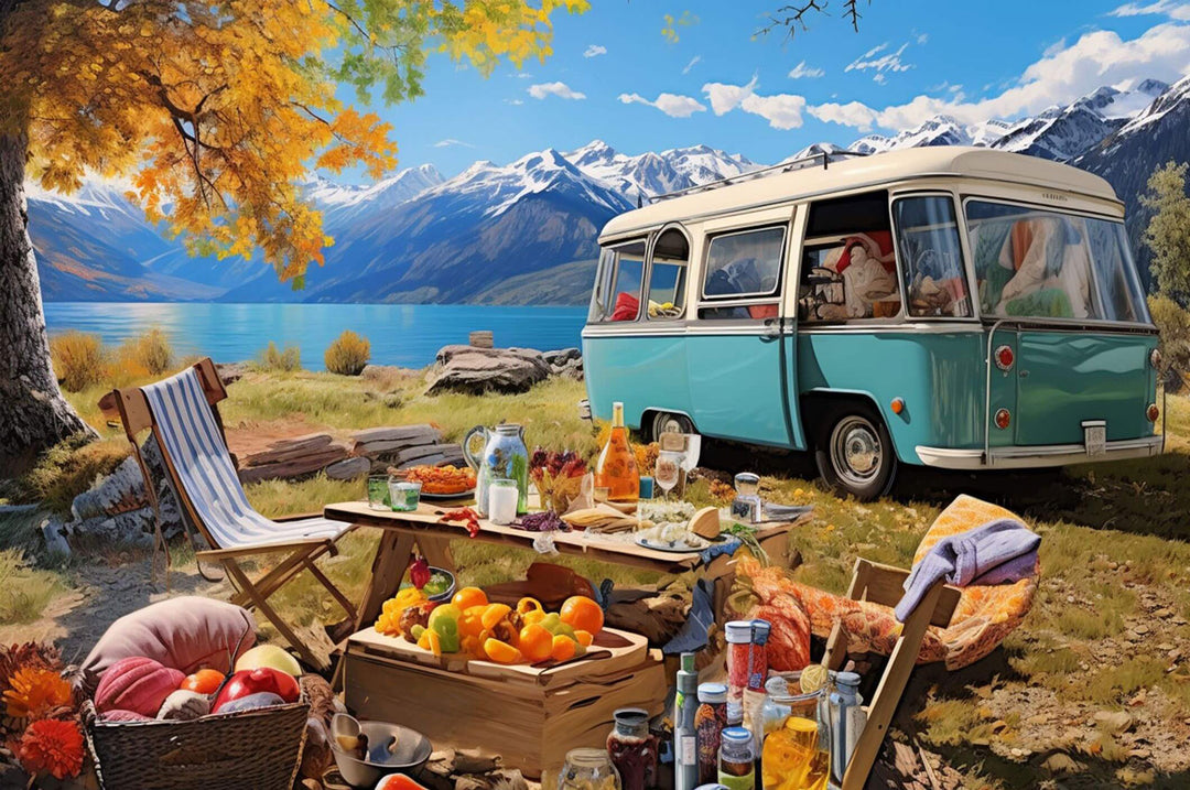 Colorful camping scene with a vintage van, picnic setup, and stunning mountain backdrop.