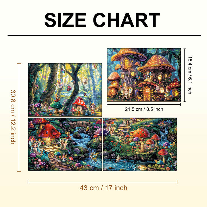Size chart for Party Puzzle-Fairy Village, highlighting dimensions of puzzle pieces and design features.