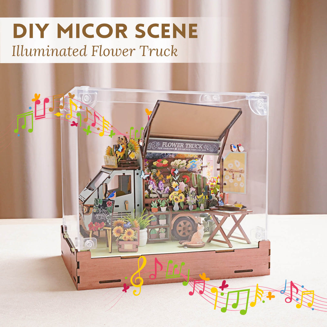 DIY illuminated flower truck scene, a charming miniature display featuring vibrant flowers and intricate details.