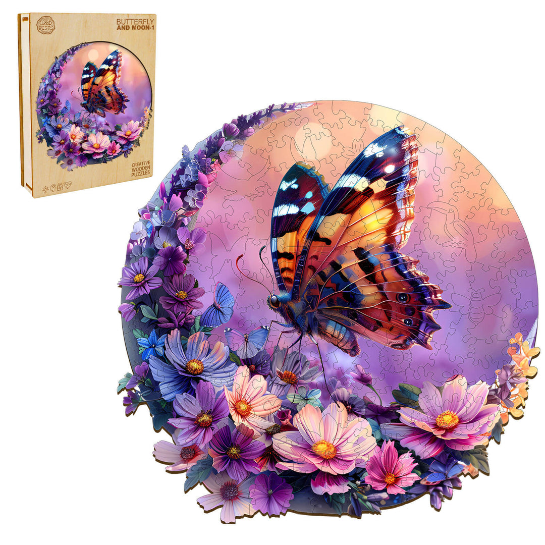 Colorful Butterfly and Moon-1 wooden jigsaw puzzle surrounded by flowers, perfect for mental focus and entertainment.
