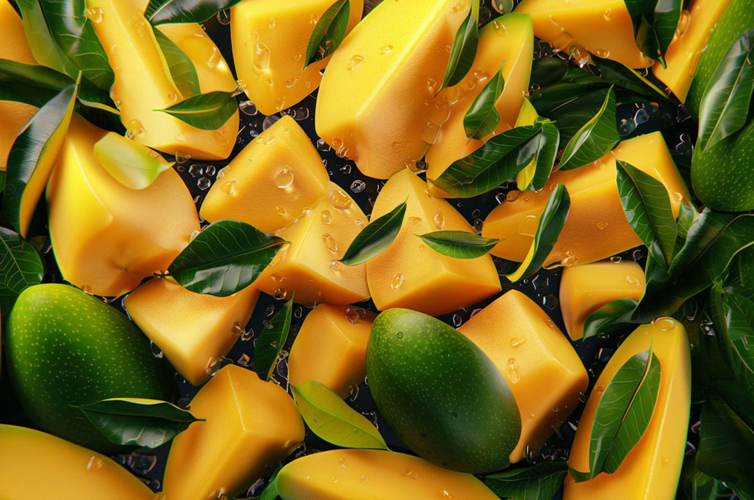 Close-up of fresh mango slices with greenery, ideal for jigsaw puzzle enthusiasts and mind games lovers.