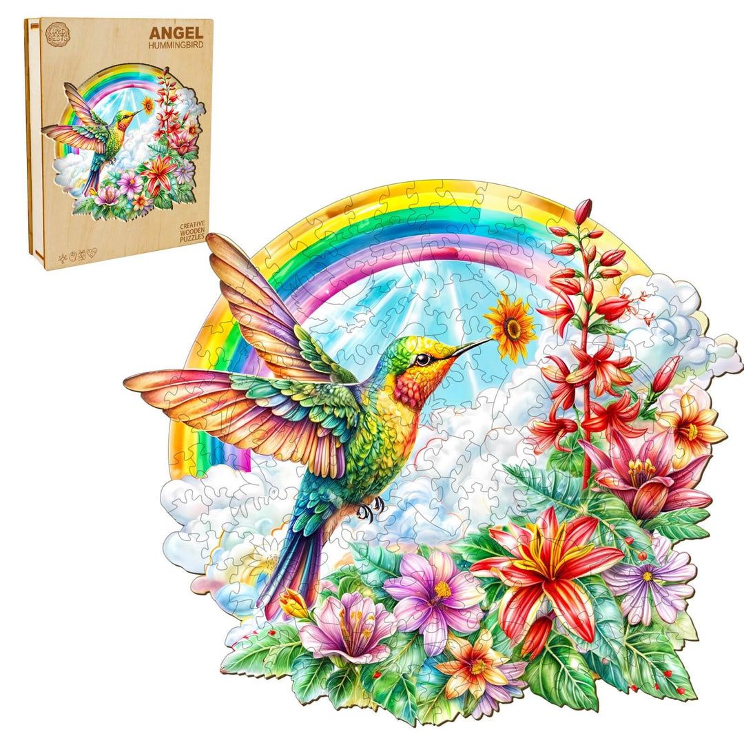 Colorful Angel Hummingbird wooden jigsaw puzzle with vibrant flowers and a rainbow, perfect for focused mind games.