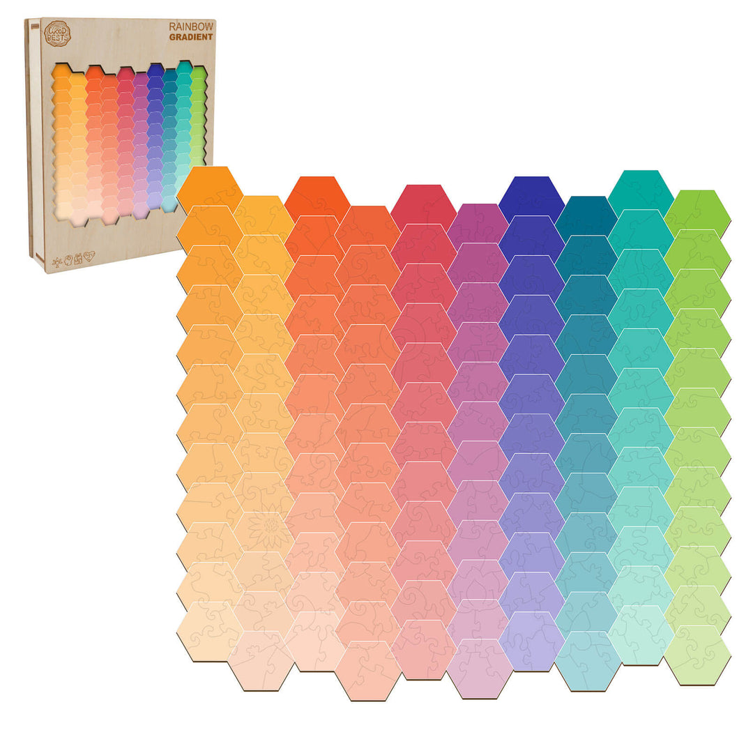 Rainbow Gradient Wooden Jigsaw Puzzle featuring vibrant hexagonal pieces for mindful and focused puzzle solving.