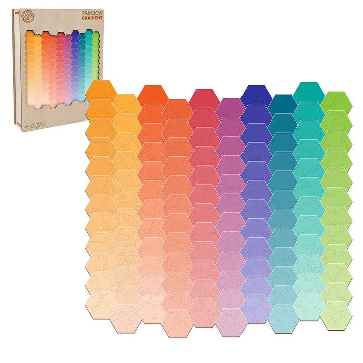 Rainbow Gradient Wooden Jigsaw Puzzle featuring vibrant hexagonal pieces for mindful and focused puzzle solving.