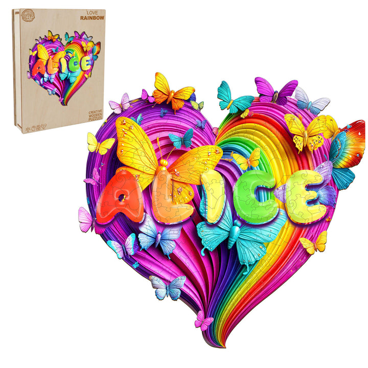 Colorful Love Rainbow Custom Name Wooden Jigsaw Puzzle shaped like a heart, featuring the name Alice and vibrant butterflies.