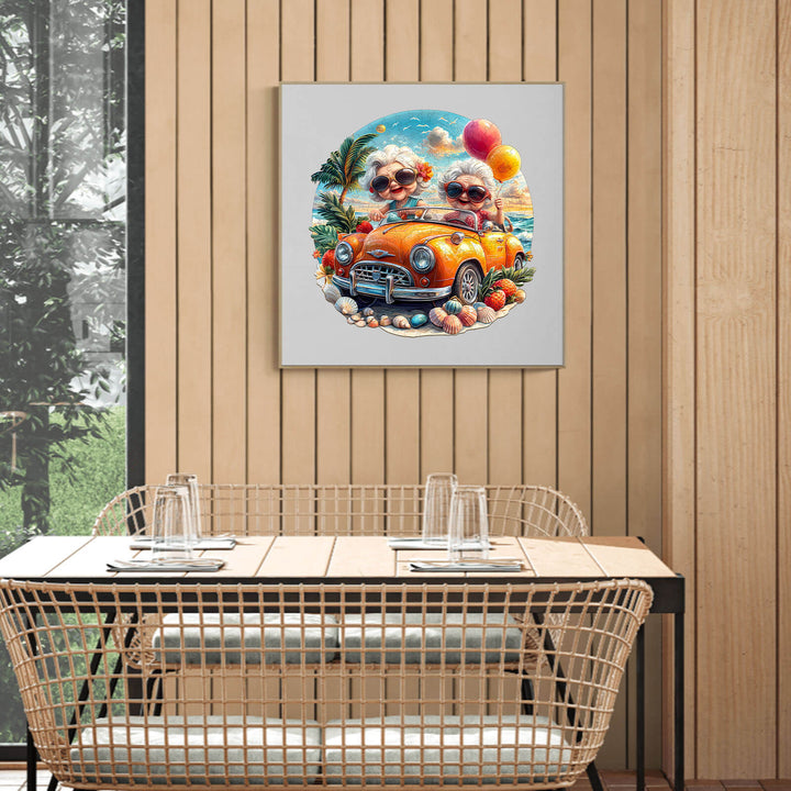 Cheerful artwork of two dogs in a vintage car, adding warmth to a modern dining space with a wooden theme.