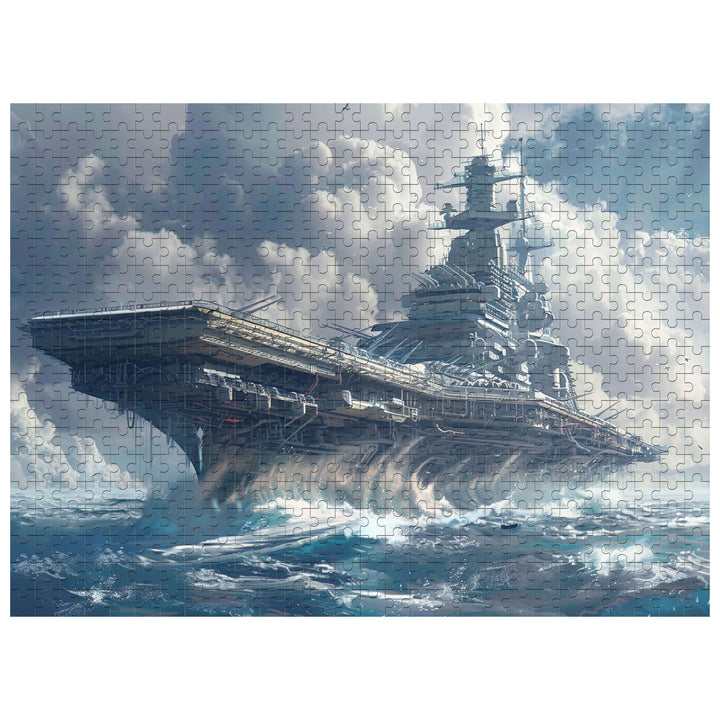 Aircraft Carrier 500/1000 piece puzzle showcasing a detailed ship design amid stormy seas, perfect for puzzle enthusiasts.