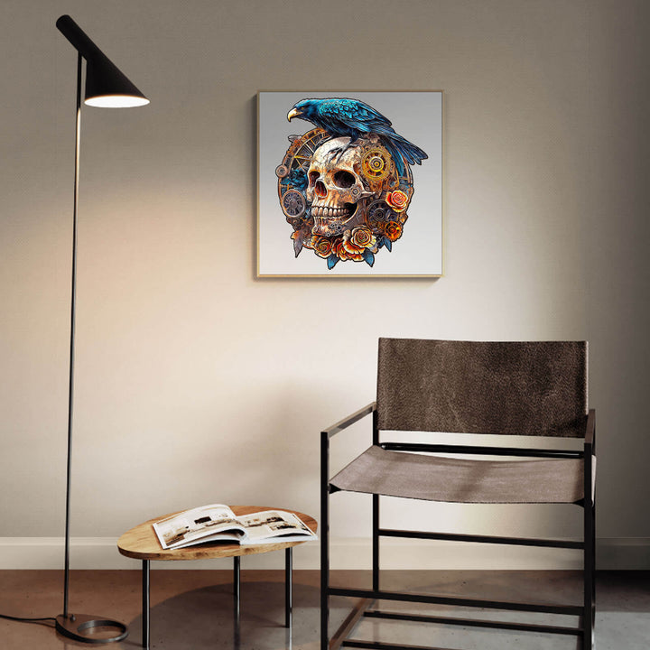 3D Mechanical Skull and Raven artwork in a modern room with a lamp and stylish chair.