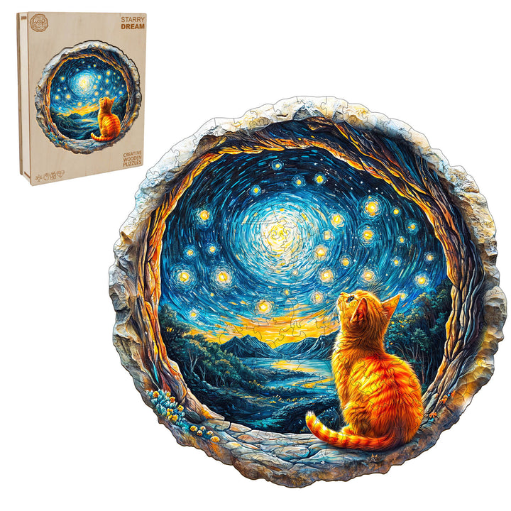3D Starry Dream wooden jigsaw puzzle featuring an orange cat gazing at a starry sky, enhancing focus and cognitive skills.