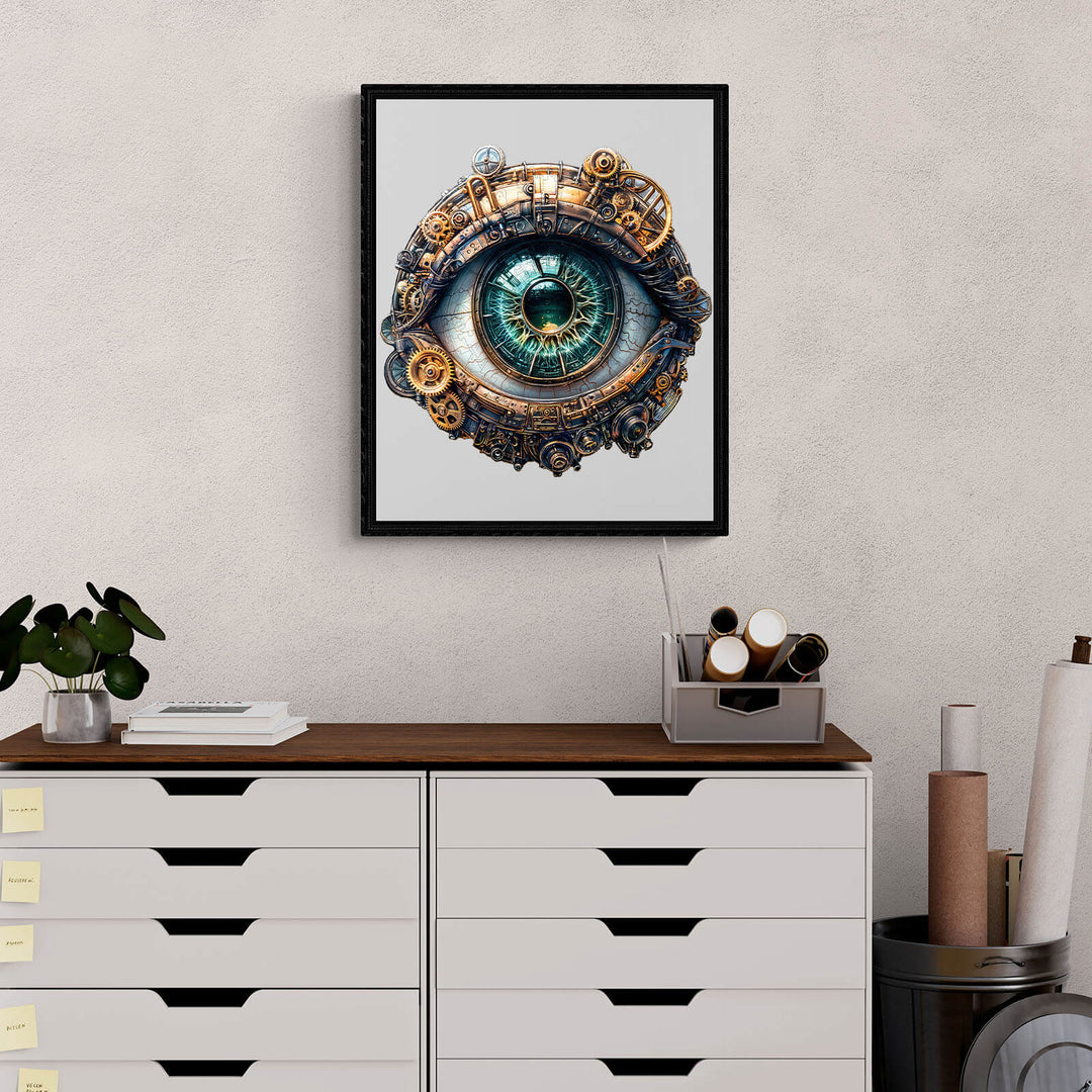 3D mechanical eye artwork framed, showcasing intricate design and colors, perfect for home decor or puzzle enthusiasts.