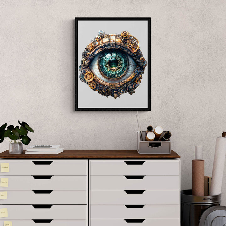 3D mechanical eye artwork framed, showcasing intricate design and colors, perfect for home decor or puzzle enthusiasts.