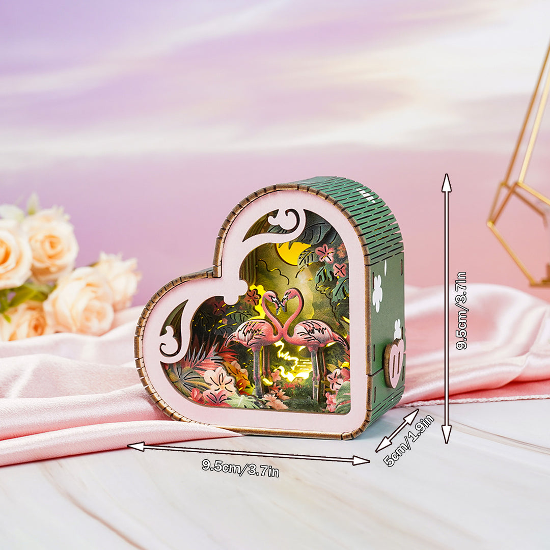 Flamingo With Moonlight Forest Kit 3D wooden puzzle night light in heart shape, showcasing vibrant colors and intricate design.