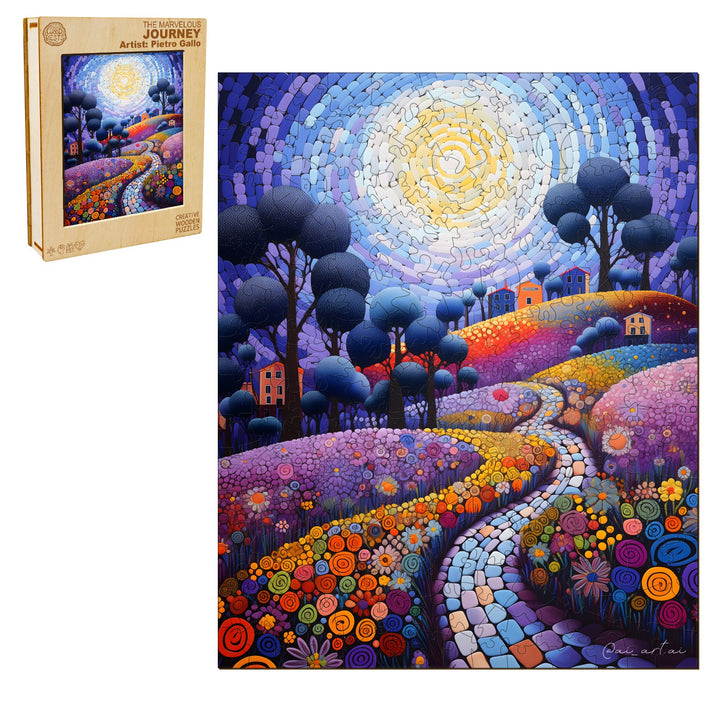 Colorful landscape puzzle artwork titled 'The Marvelous Journey' by artist Pietro Gallo, featuring vibrant flowers and trees.