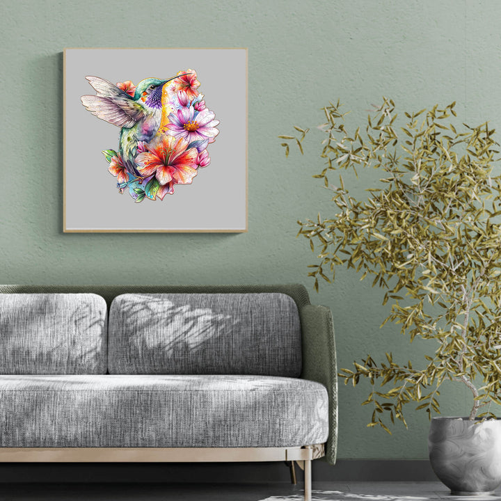 Colorful hummingbird surrounded by vibrant flowers in a stylish living room setting.