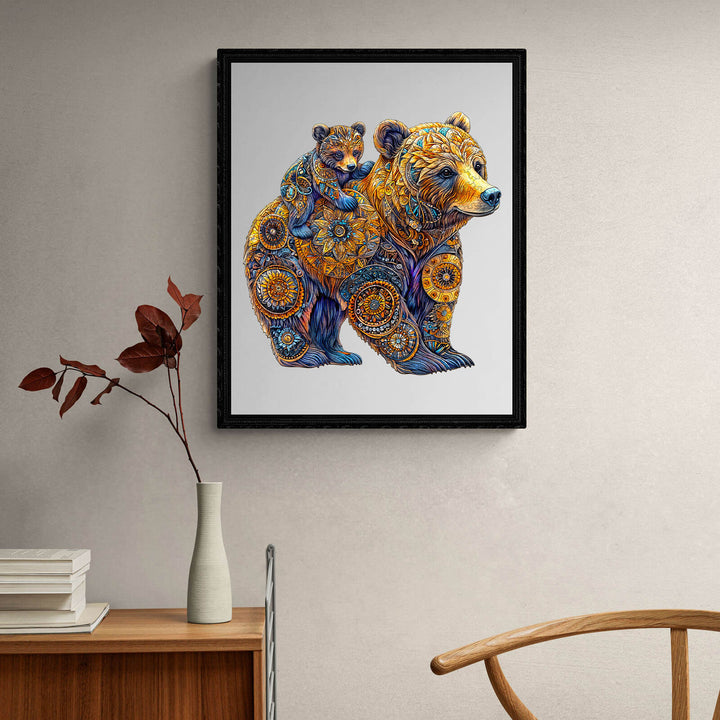 Colorful illustration of a mother bear with cub, framed art piece perfect for children and puzzle lovers.