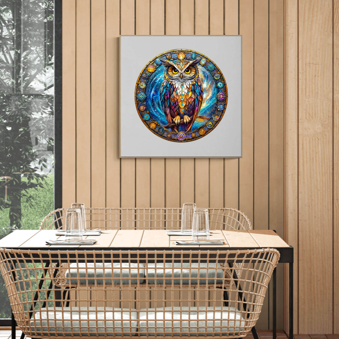 Cosmic Watcher wooden jigsaw puzzle art featuring a vibrant owl on a wall, ideal for a cozy dining space.
