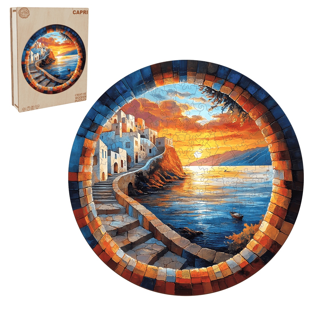 Capri wooden jigsaw puzzle featuring a scenic sunset view, designed for enhancing focus and mental skills.