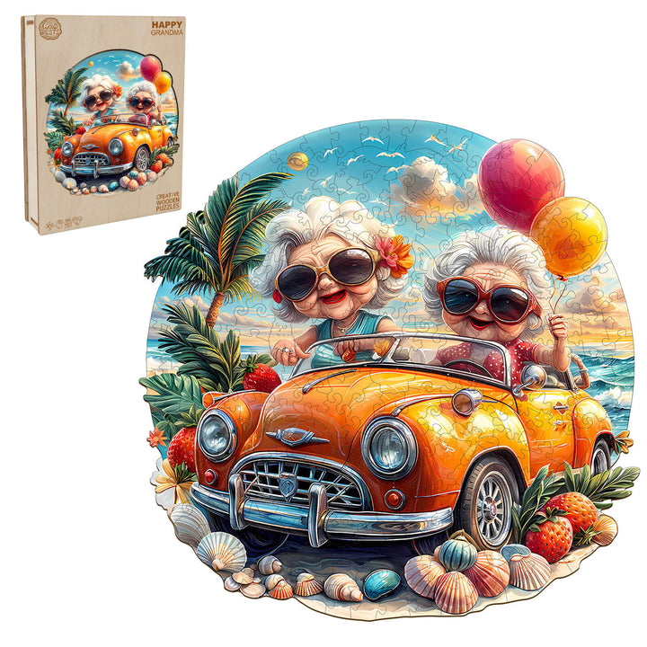 Happy grandma wooden jigsaw puzzle featuring playful grandmothers in a vintage car on a beach with colorful balloons.