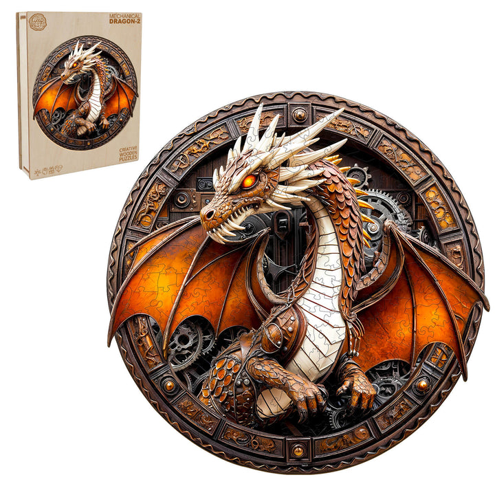3D Mechanical Dragon-2 Wooden Jigsaw Puzzle, intricately designed with gears and vibrant colors for puzzle enthusiasts.