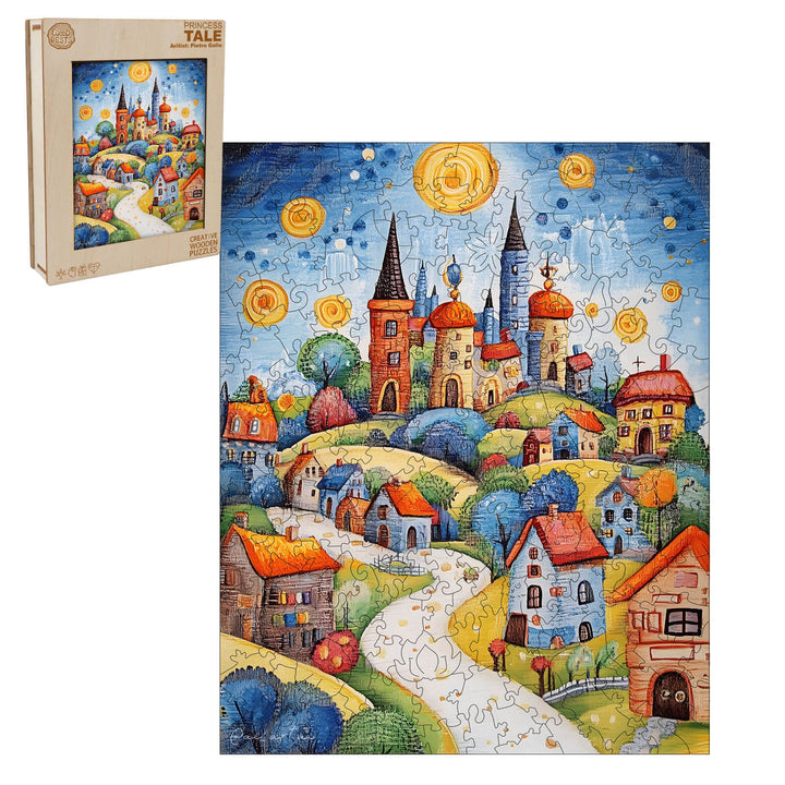 Colorful puzzle artwork titled 'Princess Tale' by Pietro Gallo, featuring a whimsical village and starry night.